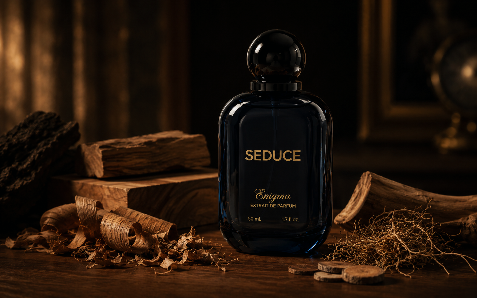 Apa itu parfum niche — botol SEDUCE dengan pencahayaan galeri artistik dan latar minimalis
